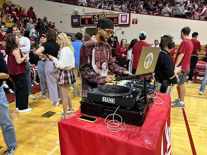 DJ Iman Tucker entertains the crowd at Hoosier Hysteria on Friday night.